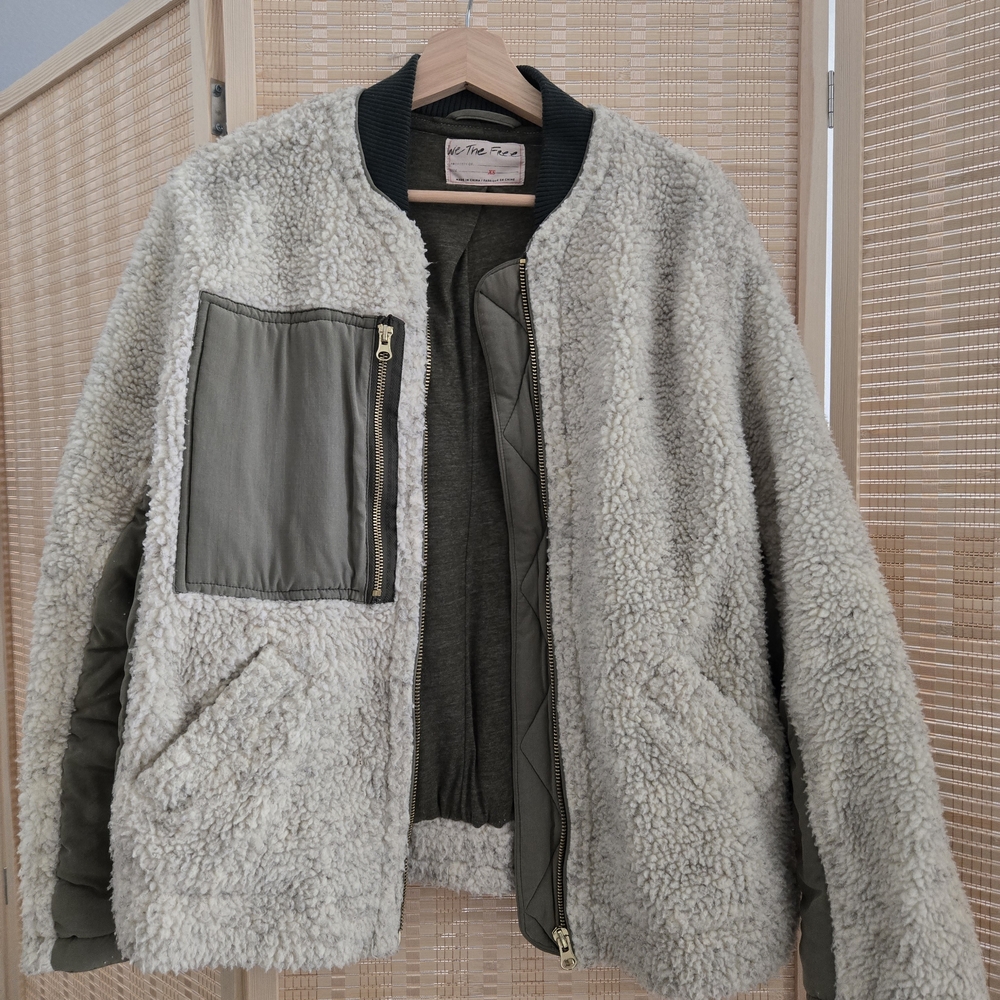 Free People Rivington Sherpa Jacket, XS, Olive Colorblock